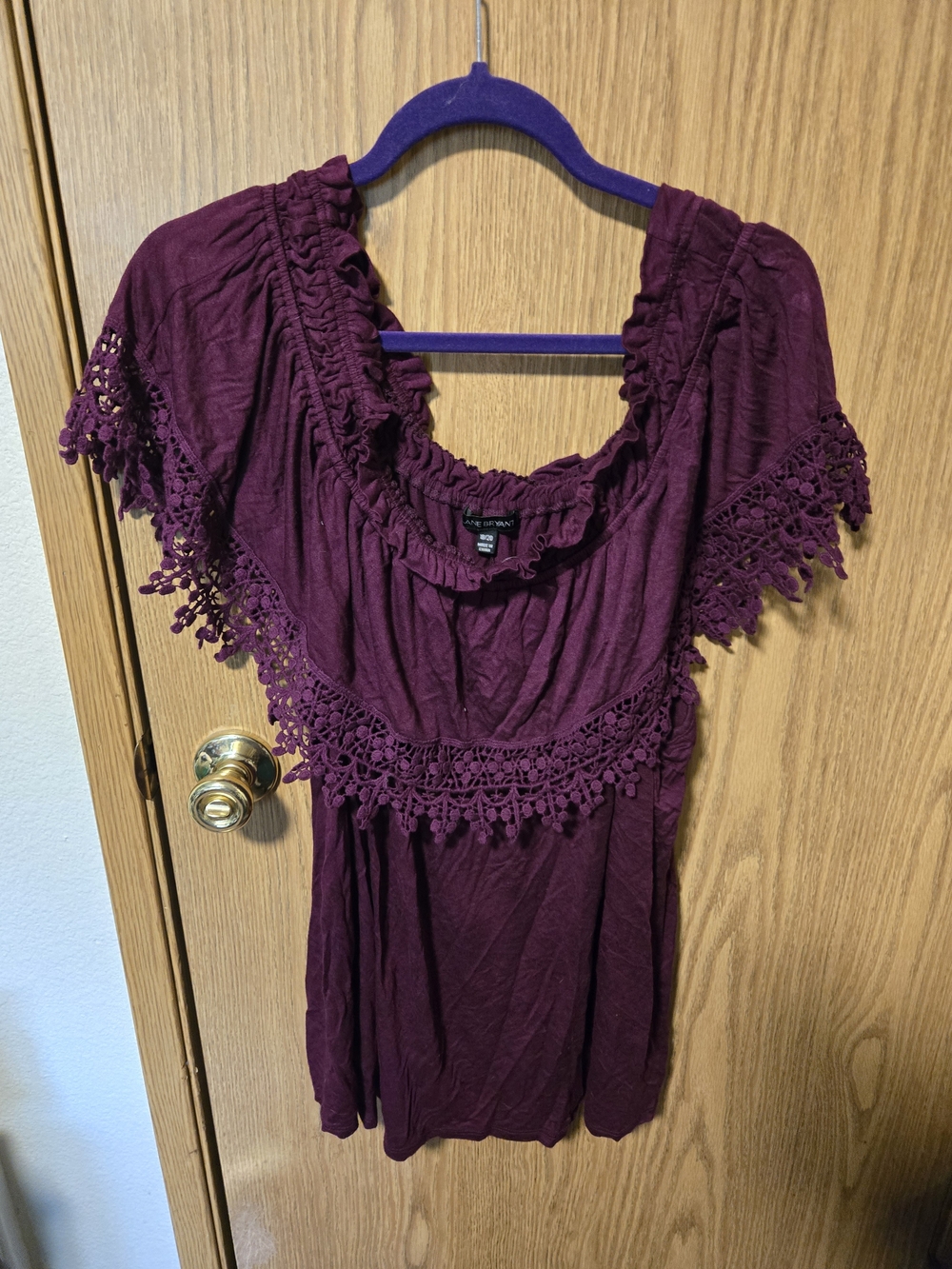 Lane Bryant Boho Crochet Trim Off-Shoulder Top in Plum
